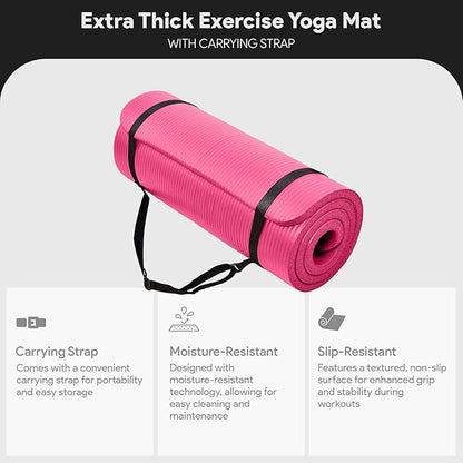 BalanceFrom 71x24 Inches Extra Thick Yoga Mat 1-Inch High-Density Foam – Roll-Up Exercise Pad with Double-Sided Non-Slip Surface and Carrying Strap for Pilates and Home Workouts, Multiple Colors