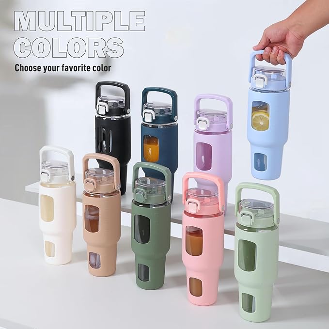 BLUEGO 40 oz Glass Water Bottle with Straw, Leakproof and Time Marker, Wide Mouth for Travel, Gym, Workout, Olive