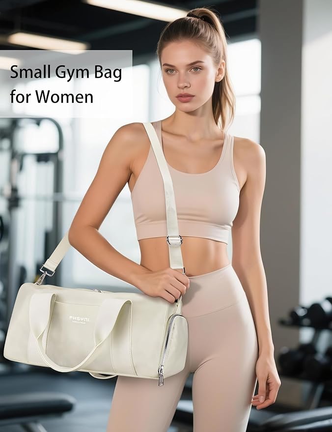 Sports Small Gym Bag for Women, Cute Mini Duffle Bag with Wet Pocket & Shoes Compartment, Personal Item Travel Workout Bag, 16"-Small, Beige