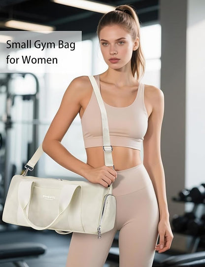 Sports Small Gym Bag for Women, Cute Mini Duffle Bag with Wet Pocket & Shoes Compartment, Personal Item Travel Workout Bag, 16"-Small, Beige