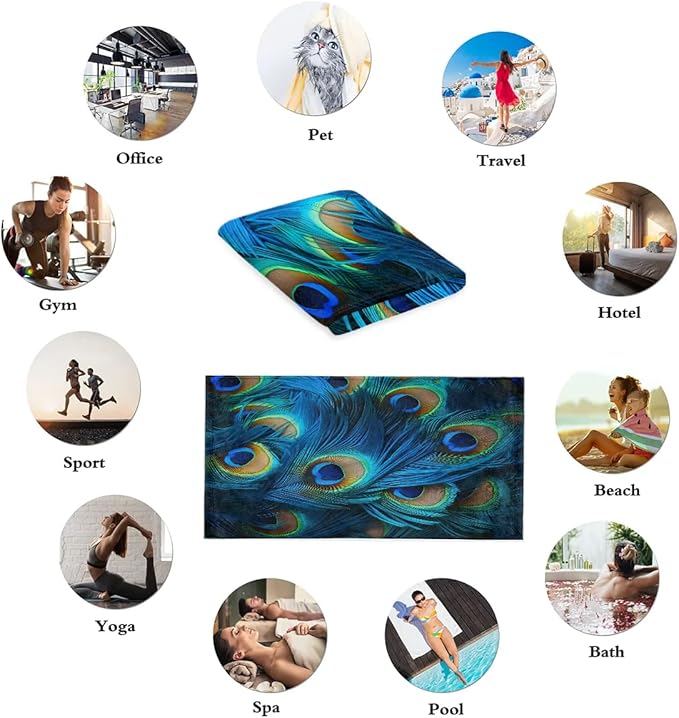 Green Blue Peacock Feather Hand Towels for Bathroom Set of 2, Decorative Bath Hand Towels, Soft Microfiber Absorbent Towel for Fitness, Yoga, Travel, Camping, Gym