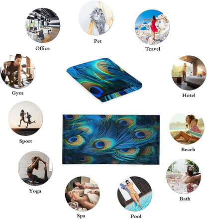 Green Blue Peacock Feather Hand Towels for Bathroom Set of 2, Decorative Bath Hand Towels, Soft Microfiber Absorbent Towel for Fitness, Yoga, Travel, Camping, Gym