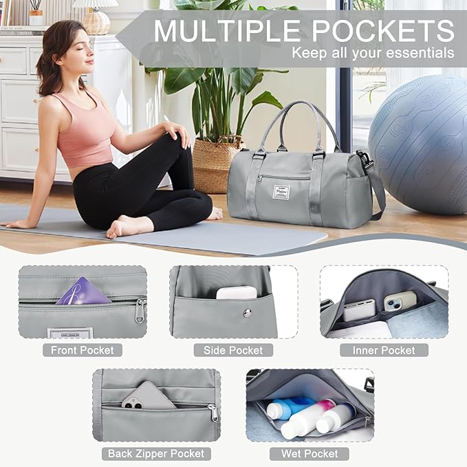 Gym Bag for Women Men with Shoes Compartment,Sports Duffle Bag Personal item travel Duffel Bags Tote Bag Small Carry on Weekender Overnight Bag Workout Dance Bag Hospital Holdalls Grey