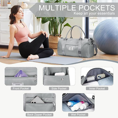 Gym Bag for Women with Shoes Compartment,Small Duffel Bag Sport bag with Toiletry Bag Overnight Travel Tote Bags Weekender Carry on Bag Personal Item Bags for Airlines Grey