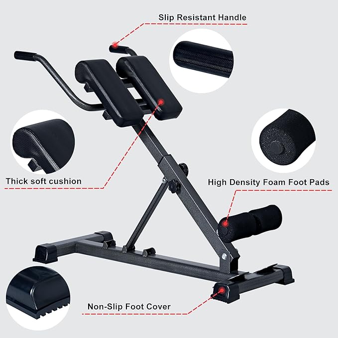 soges Adjustable Roman Chair Exercise Equipment, Foldable Fitness Hyperextension Bench Machine Back Extension Ab Workouts, Full Body Strength Exercise Sit Up Gym Bench for Home