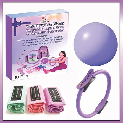 Yoga Pilates Ring Set for Home Workouts – 18 Pcs Fitness Kit for Women – Resistance & Toning Accessories with Circle Ring, Ideal for Full Body Toning & Flexibility