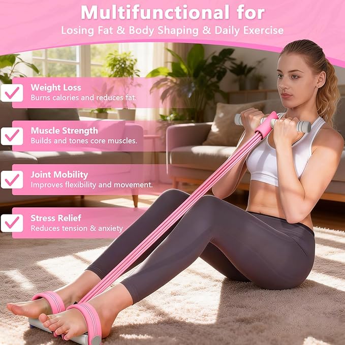 8-Tubes Pedal Resistance Band with Handle, Multifunction Exercise Rope for Working Out, Foot Pedal Resistance Band for Abdomen, Waist, Arm, Leg, Pink