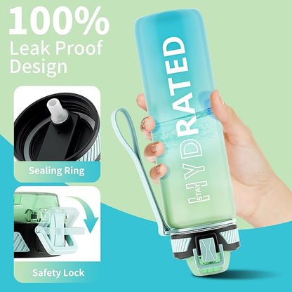 Water Bottle with Straw, 32oz Motivational Water Bottles with Time Marker to Drink, Tritan BPA Free, 1L Sports Water Bottle with Carry Strap LeakProof for Women Gym Fitness Outdoor (1 Pack)