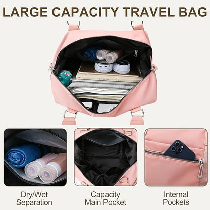 Travel Duffle Bag,Gym Bag for Women Weekender Carry on Overnight Bag Personal Item Bags Yoga Tote Bag with Wet Pocket Toiletry Makeup Bags for Sport Dance Trips Hospital Pink