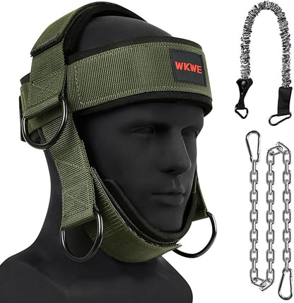 Neck Harness for Increases Neck Core Strength - Neck Exerciser with 30" Heavy Duty Steel Chain for Safely Lifting Weights Up to 280 lbs, Adjustable Head with Nylon Tether and 2 Carabiners