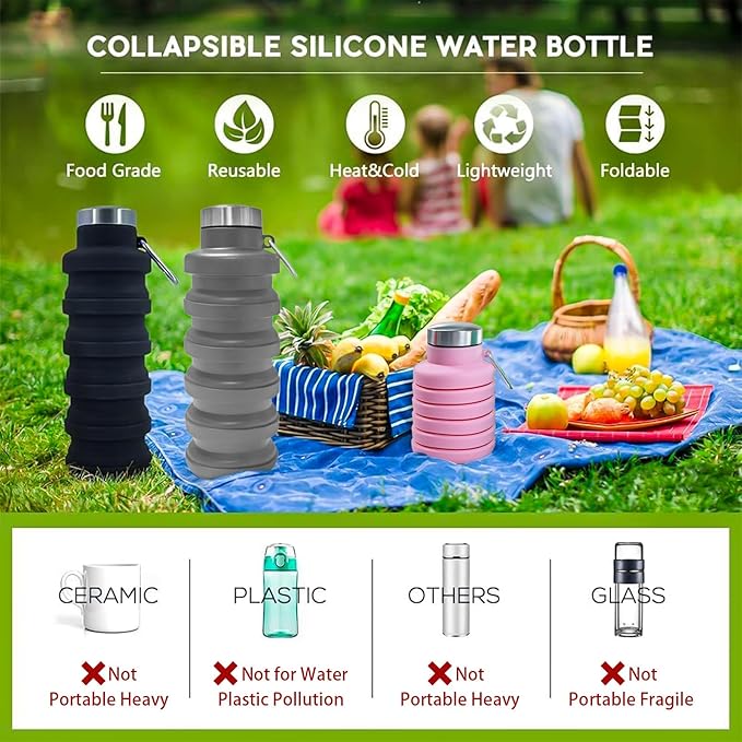 Collapsible Water Bottles,16oz Capacity Portable Reusable Silicone Water Bottle,Leak-proof,with buckle,foldable storage,Lightweight Durable for Fitness,Cycling,Sports,Camping,Hiking (Pink)