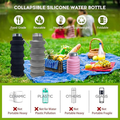 Collapsible Water Bottles,16oz Capacity Portable Reusable Silicone Water Bottle,Leak-proof,with buckle,foldable storage,Lightweight Durable for Fitness,Cycling,Sports,Camping,Hiking (Pink)
