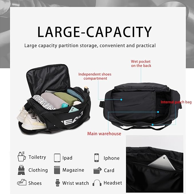 HEAD 45L Waterproof Gym Duffle Bag for Men, Large Capacity Sports Bag with Shoe Compartment & Dry Wet Pocket, Durable Crossbody Weekender Bag for Tennis, Workout, Fitness, Overnight Travel