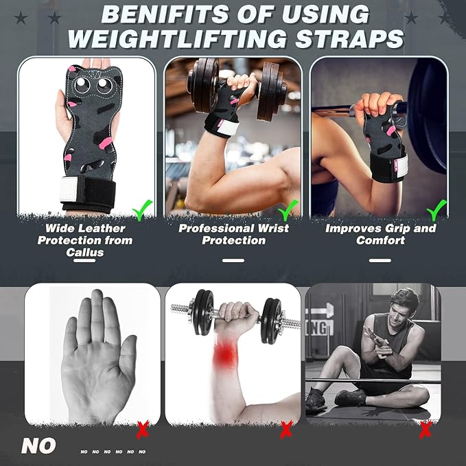 Lifting Wrist Straps Weight Lifting Grips with Cushion Wrist Loop Gym Workout Straps Double Layer Leather with Storage Pouch for Women and Men Deadlift Powerlifting Pull Up