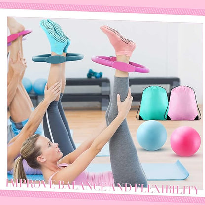 Poen Pilates Equipment Kit for Home Workout Pilates Ring and Ball Set for Women 12'' Circle Yoga Fitness Essentials Kit with Resistance Bands, Yoga Strap, Socks,Bag