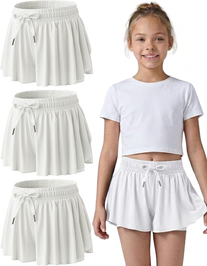 3 Pack Girls Flowy Shorts with Spandex Liner 2-in-1 Youth Butterfly Skirts for Fitness, Running, Sports