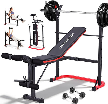 OPPSDECOR 661LBS Weight Bench Set, 8 in 1 Adjustable Bench Press with Squat Rack Leg Extension & Leg Curl Workout Bench with Safety Bar Catches Standard Weight Training Benches for Home Gym