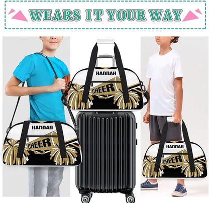 Personalized Cheerleading Dance Duffel, Custom Large Ballet Weekender Travel Cheerleaders Bag, Gold White Black