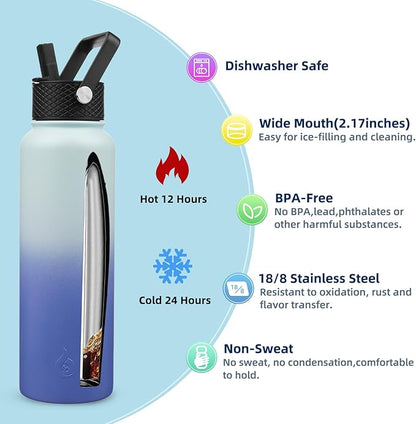 BJPKPK Insulated Water Bottles with Straw Lid, 40oz Cold & Hot Thermo, Stainless Steel Metal Water Bottle with 3 Lids, Reusable Thermo, Cups, Mugs, Tumblers -Sky