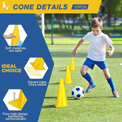 12 Inch Durable Cones,12pcs Versatile Plastic Traffic Cones and Soccer Cones for Sports Training,Agility Drills,Parking Safety,Basketball Training,Football Training.