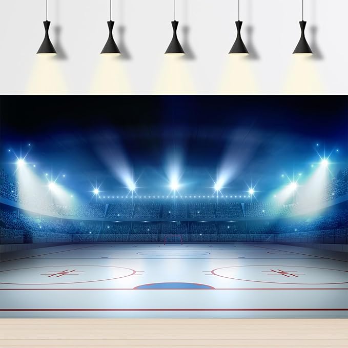 Ice Hockey Sport Backdrop Hockey Stadium Arena Ice Rink Photography Background Stage Lights Spotlight Match Games Backdrop Decors Newborn Boys Birthday Party Background Banner Props 12x8ft