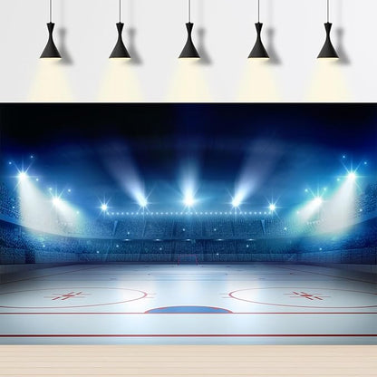 Ice Hockey Sport Backdrop Hockey Stadium Arena Ice Rink Photography Background Stage Lights Spotlight Match Games Backdrop Decors Newborn Boys Birthday Party Background Banner Props 6x4ft