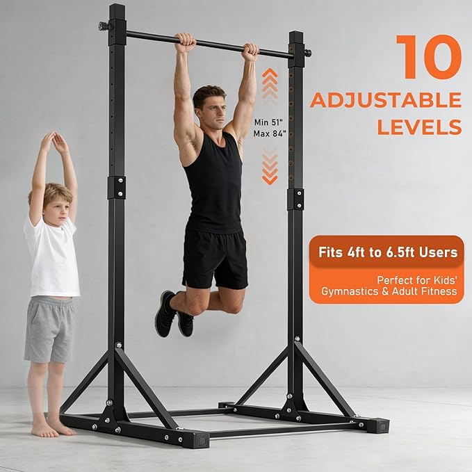 Power Tower Pull Up Bar Station - 440LBS Heavy Duty Home Gym Equipment - Adjustable Height (4.2ft-7ft) Free Standing Chin Up Bar with Zero-Wobble Triangular Base for Strength Training & Calisthenics