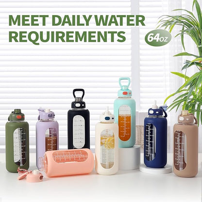 SIEROZUR 64 oz Glass Water Bottle with Straw and Handle Half Gallon Large Water Bottle with Silicone Sleeve and Time Marker Sports Water Jug Wide Mouth for Travel Gym