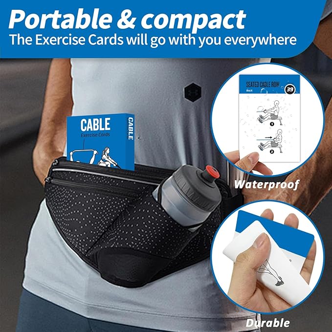 Cable Workout Cards, 62 Exercises Cards Deck Large Size 5" x 3.5" Fitness Cards for Women & Men, Beginner Fitness Guide to Training Exercises at Home or Gym