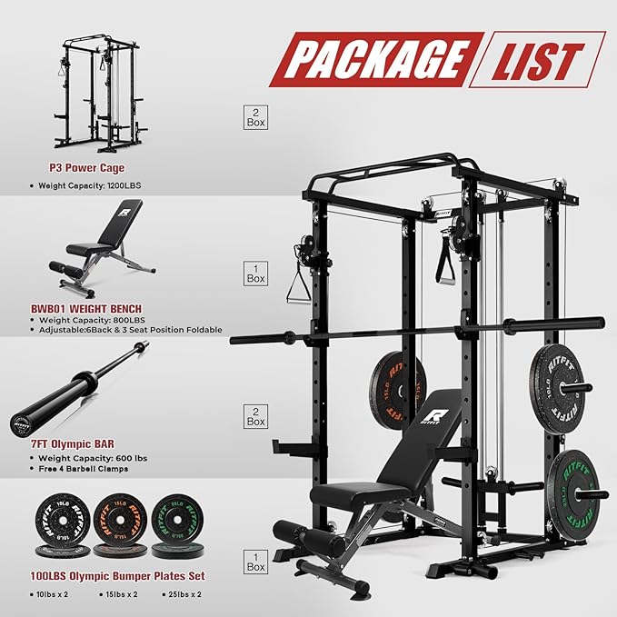 RitFit Multi-Function Garage & Home Gym Package Includes 1200LBS Power Cage PPC03/P3 with Cable Crossover System, Weight Bench, Olympic Barbell Weight Set, Full Body Workout