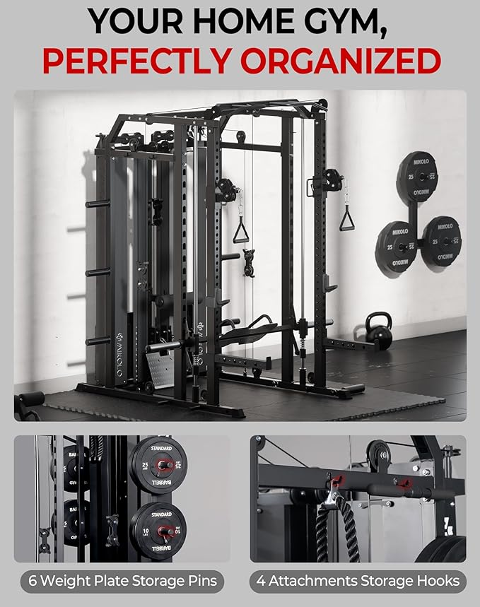 Mikolo Smith Machine with Weight Stack, Power Cage Home Gym System with LAT Pulldown & Cable Crossover, Multi-Functional Trainer with Dual Pulley System, Includes 10+ Free Attachments