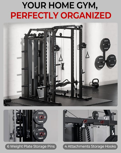 Mikolo Smith Machine with Weight Stack, Power Cage Home Gym System with LAT Pulldown & Cable Crossover, Multi-Functional Trainer with Dual Pulley System, Includes 10+ Free Attachments