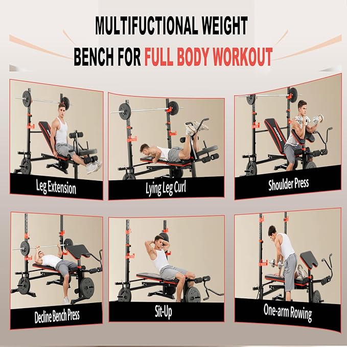 Foldable 1500LBS 8 in 1 Olympic Weight Bench Set with Leg Extension/Curl, Adjustable Weight Bench for Men & Women Full Body Workout, Bench Press with Preacher Curl（US Stock）