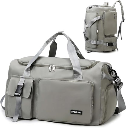 Eslcorri Gym Duffle Bag for Women Men, Sports Backpack with Wet & Shoe Compartment, Fitness Overnight Weekender Bag for Yoga, Swim, Travel (B, Grey)