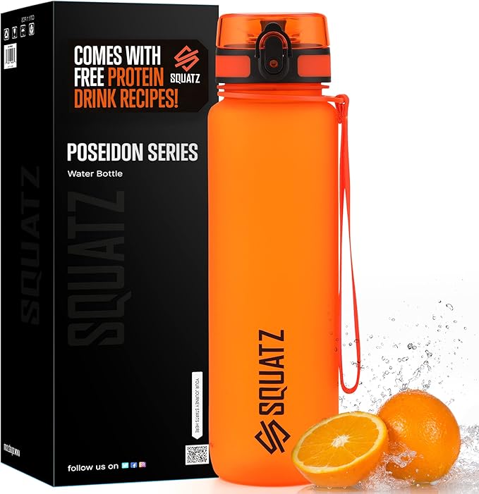 SQUATZ 34 Oz Poseidon Series Frosted Water Bottle - Premium Quality Wide Mouth Gym Flask with Fruit Infuser Strainer, Fixed Carrying Strap, Leak Resistance, and Zero Condensation Orange