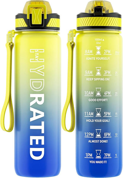 Water Bottle with Straw, 32oz Motivational Water Bottles with Time Marker to Drink, Tritan BPA Free, 1L Sports Water Bottle with Carry Strap LeakProof for Women Gym Fitness Outdoor (1 Pack)
