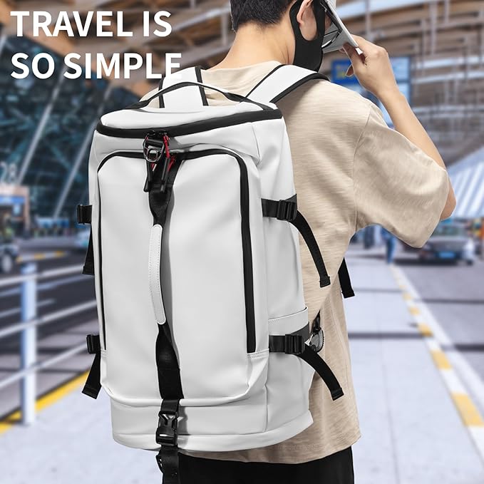 Duffel Bag with Shoe Compartment Travel Backpack Men and Women Waterproof for Gym Motorcycle Helmet (White)