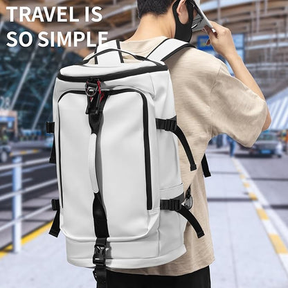 Duffel Bag with Shoe Compartment Travel Backpack Men and Women Waterproof for Gym Motorcycle Helmet (White)