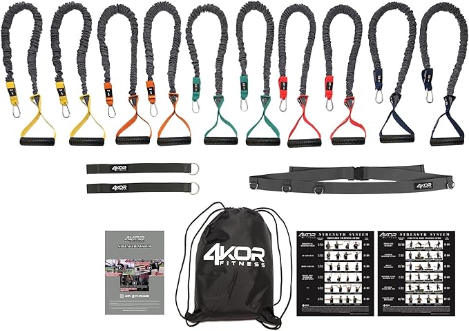 4KOR Cross Anchor Shoulder Performance Training System. Resistance Cords with Handles and Dynamic Workout Guide. Exercise Bands with Nylon Sleeves, Rubber Grips, and Carry Bag for Rehab and Strength