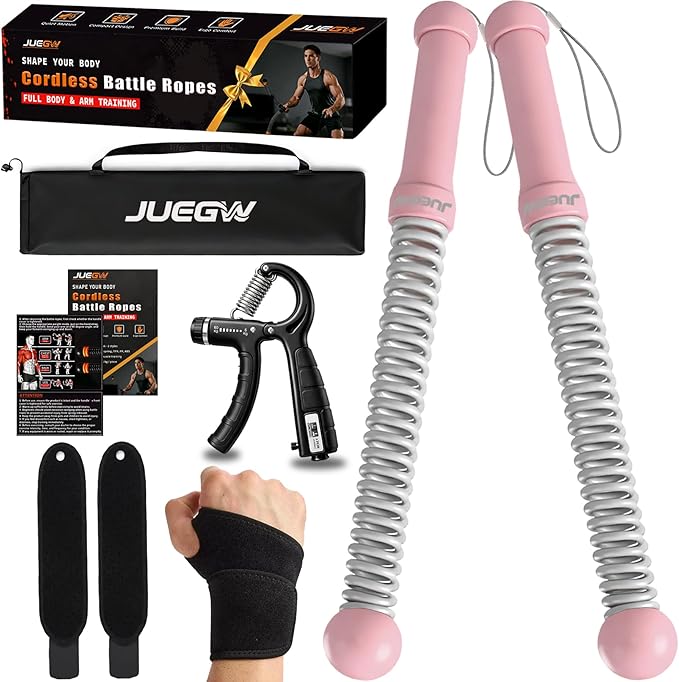 Cordless Battle Ropes for Home Workout – Ropeless HIIT & Strength Training Kit with Hand Gripper & Wrist Wraps – Portable Full Body Fitness Equipment for Small Spaces