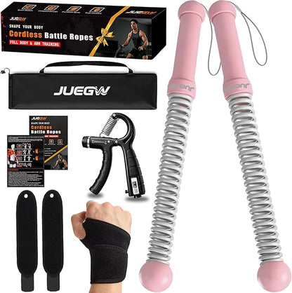 Cordless Battle Ropes for Home Workout – Ropeless HIIT & Strength Training Kit with Hand Gripper & Wrist Wraps – Portable Full Body Fitness Equipment for Small Spaces