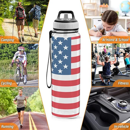 ALAZA American Flag Striped Sports Water Bottle with Straw Tritan Drink Bottle 32 oz BPA Free Reusable for Travel Outdoor Fitness