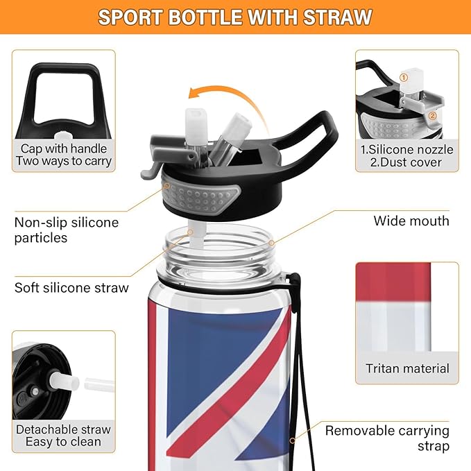 YETTASBIN British Flag Clear Water Bottle with Straw Lid, BPA-Free Leakproof Sport Water Bottle 32oz Large Gym Water Jug for Men Women Travel Fitness Outdoor