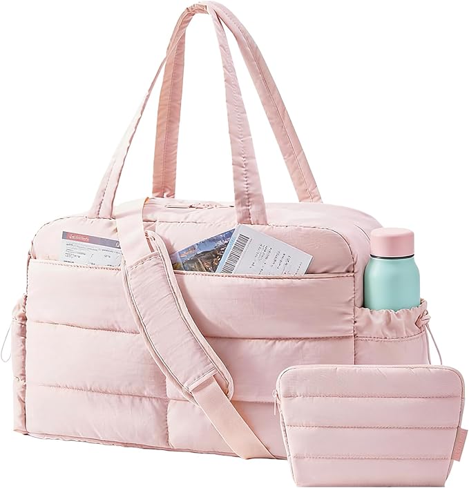 BAGSMART Gym Bag for Women, Lightweight Puffer Duffle Bag 2-PC Travel Bag, 31L Weekender Overnight Bag Quilted Carry On Tote Bag, Diaper Hospital Dance bag for Travel, Gym, Water Resistant, Pink