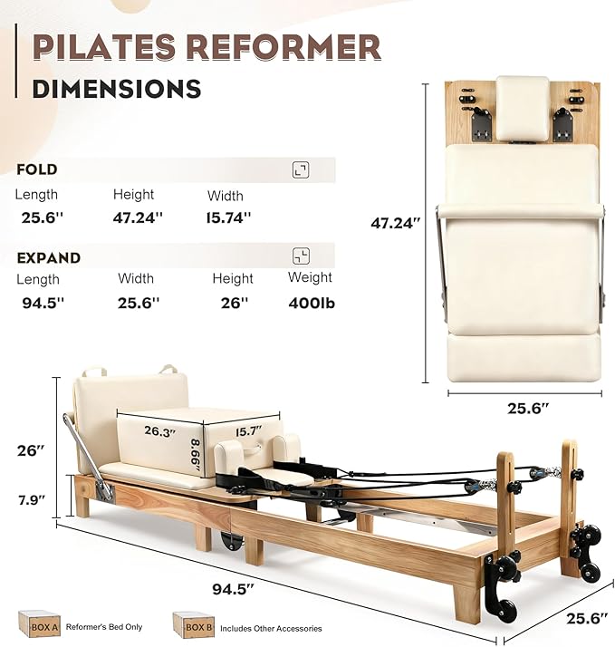 Pilates Reformer, Wooden Foldable Pilates Machine for Home Use, All-in-One Studio Equipment with 6 Springs, Jump Board, Sitting Box & Accessories 3t3 libras