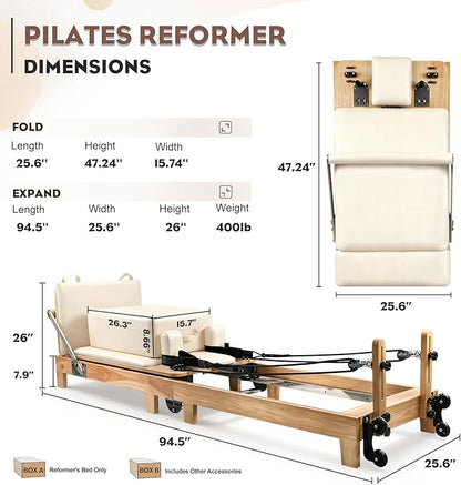 Pilates Reformer, Wooden Foldable Pilates Machine for Home Use, All-in-One Studio Equipment with 6 Springs, Jump Board, Sitting Box & Accessories 3t3 libras
