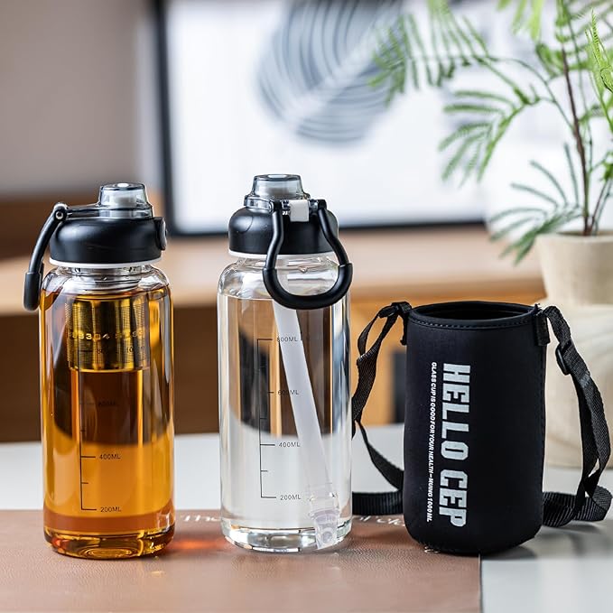 34oz Glass Water Bottle with Straw, Infuser & Protective Sleeve, BPA-Free Large Capacity drinking bottles for Hot or Cold Drinks, Perfect for Gym, Home & Office (34oz 2PCS)