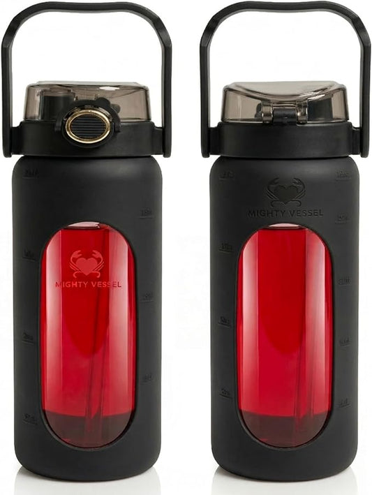 32 oz Glass Water Bottle – Black | Durable Borosilicate with Straw, Silicone Sleeve & Time Markers – Leakproof, Portable, for Gym, Office, Daily Hydration