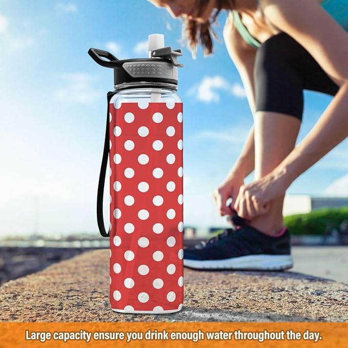 ALAZA Polka Dot Red White Sports Water Bottle with Straw Tritan Drink Bottle 32 oz BPA Free Reusable for Travel Outdoor Fitness