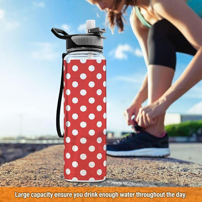 ALAZA Polka Dot Red White Sports Water Bottle with Straw Tritan Drink Bottle 32 oz BPA Free Reusable for Travel Outdoor Fitness
